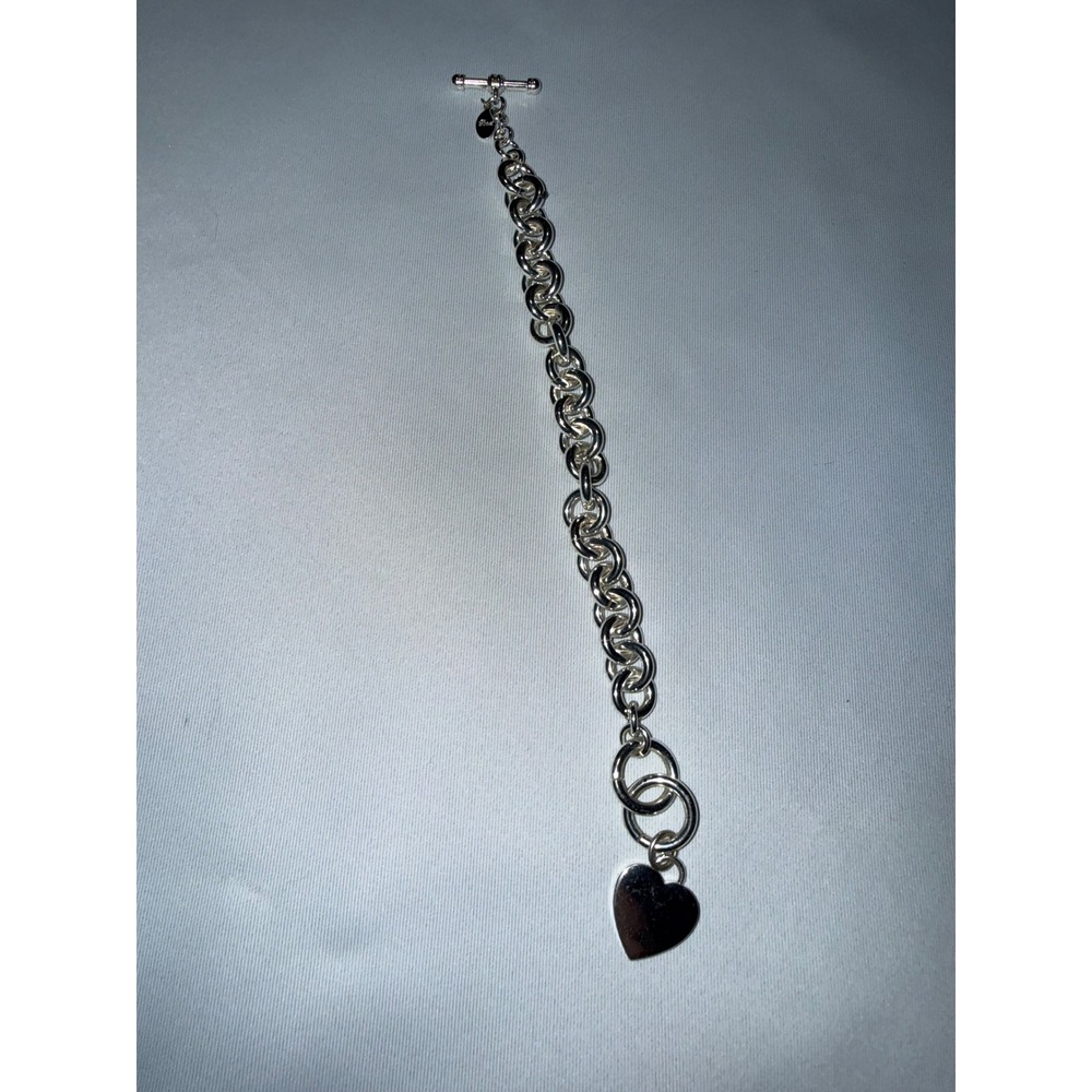 Vintage‎ Best Silver Tone Heart Charm Toggle Bracelet Chunky Round Link Chain
